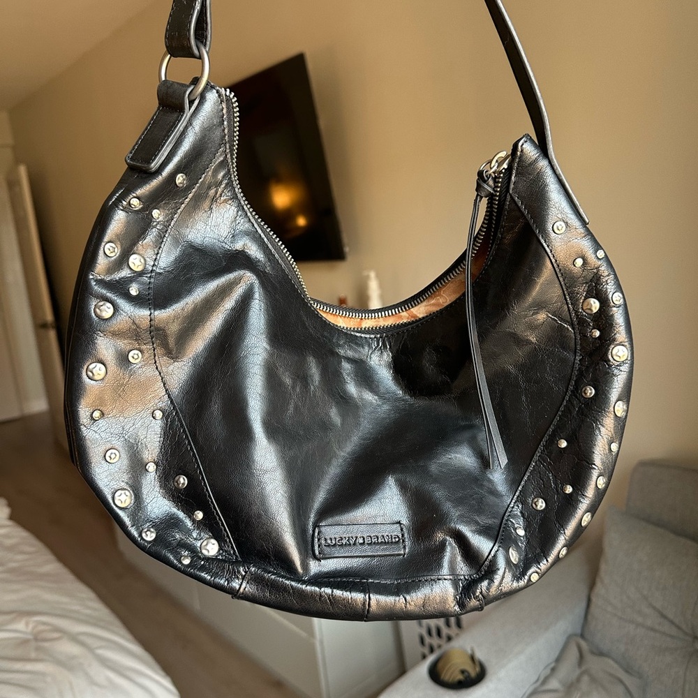 Lucky Brand Black Leather Hobo Bag with Studs